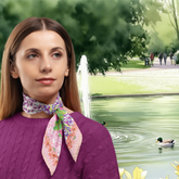 Woman wearing a colourful scarf in Buxton park in the background